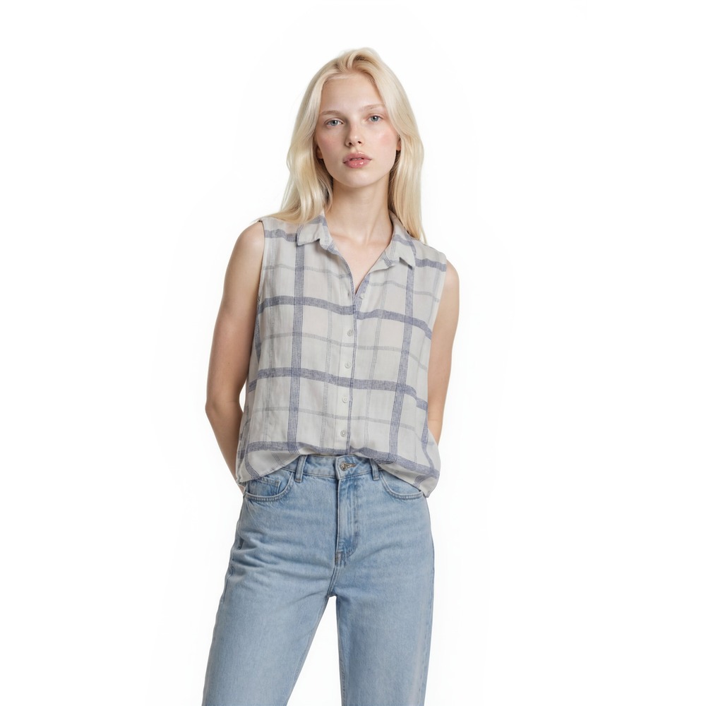Cloth and Stone Button Down Top Womens Size Small White Blue Plaid Tie Front